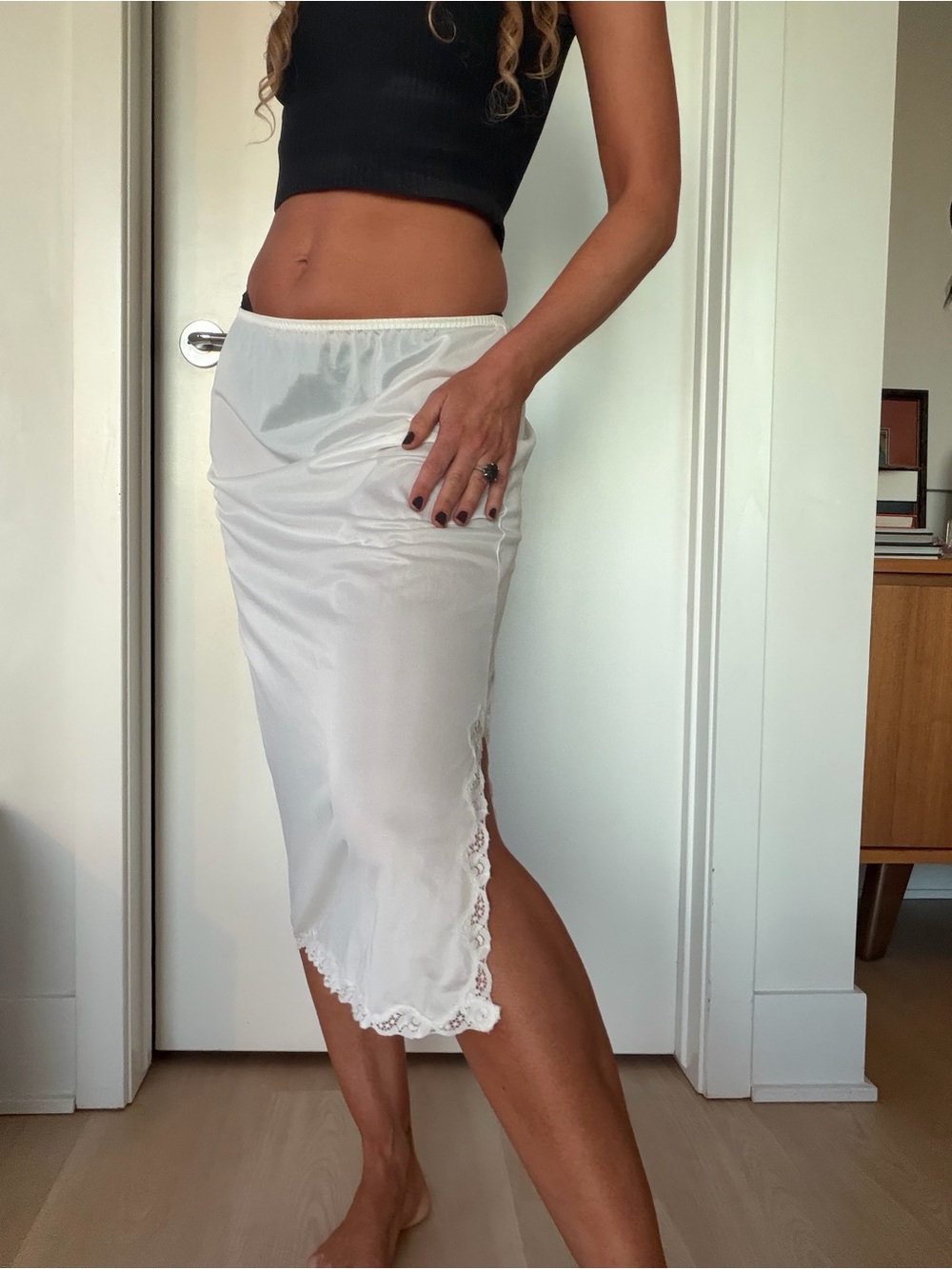 Vintage French Maid cream & lace slit, below knee low slung sheer slip skirt